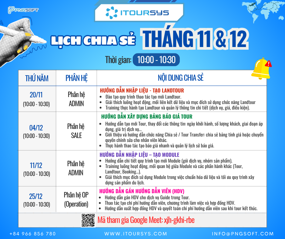 PNGSOFT TRAINING - LỊCH ĐÀO TẠO HƯỚNG DẪN SỬ DỤNG PHẦN MỀM QUẢN LÝ DU LỊCH ITOURSYS